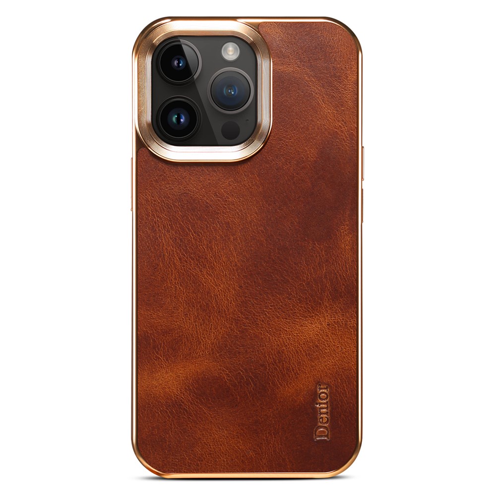 DENIOR For iPhone 12 / 12 Pro Waxy Textured Electroplating Case Genuine Cow Leather+PU Leather+PC Phone Cover - Brown