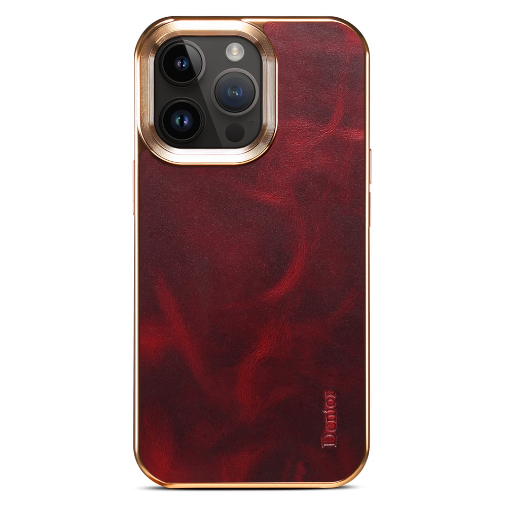 DENIOR For iPhone 12 / 12 Pro Waxy Textured Electroplating Case Genuine Cow Leather+PU Leather+PC Phone Cover - Red