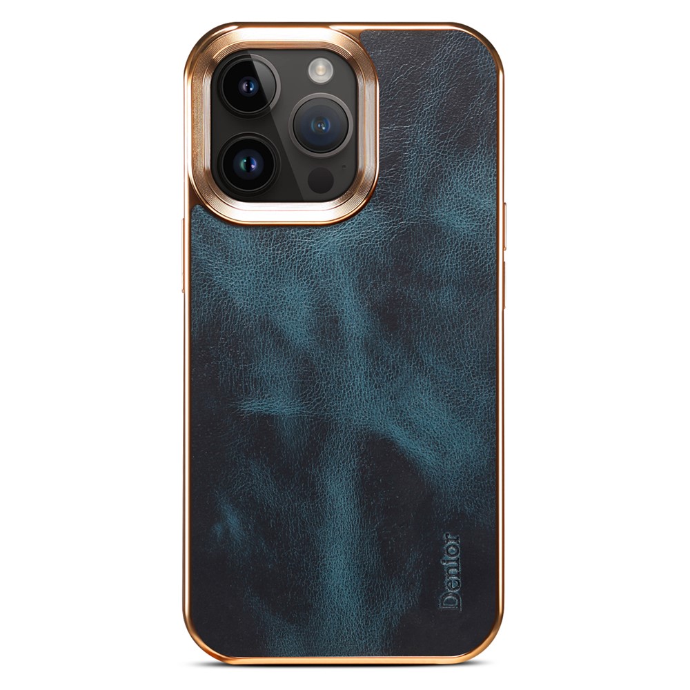 DENIOR For iPhone 12 / 12 Pro Waxy Textured Electroplating Case Genuine Cow Leather+PU Leather+PC Phone Cover - Blue
