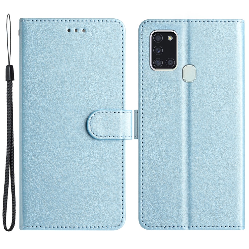 Silk Texture Case for Samsung Galaxy A21s Folio Flip Leather Wallet Stand Shell with Hand Strap - Sky Blue