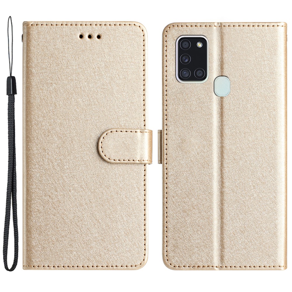 Silk Texture Case for Samsung Galaxy A21s Folio Flip Leather Wallet Stand Shell with Hand Strap - Gold