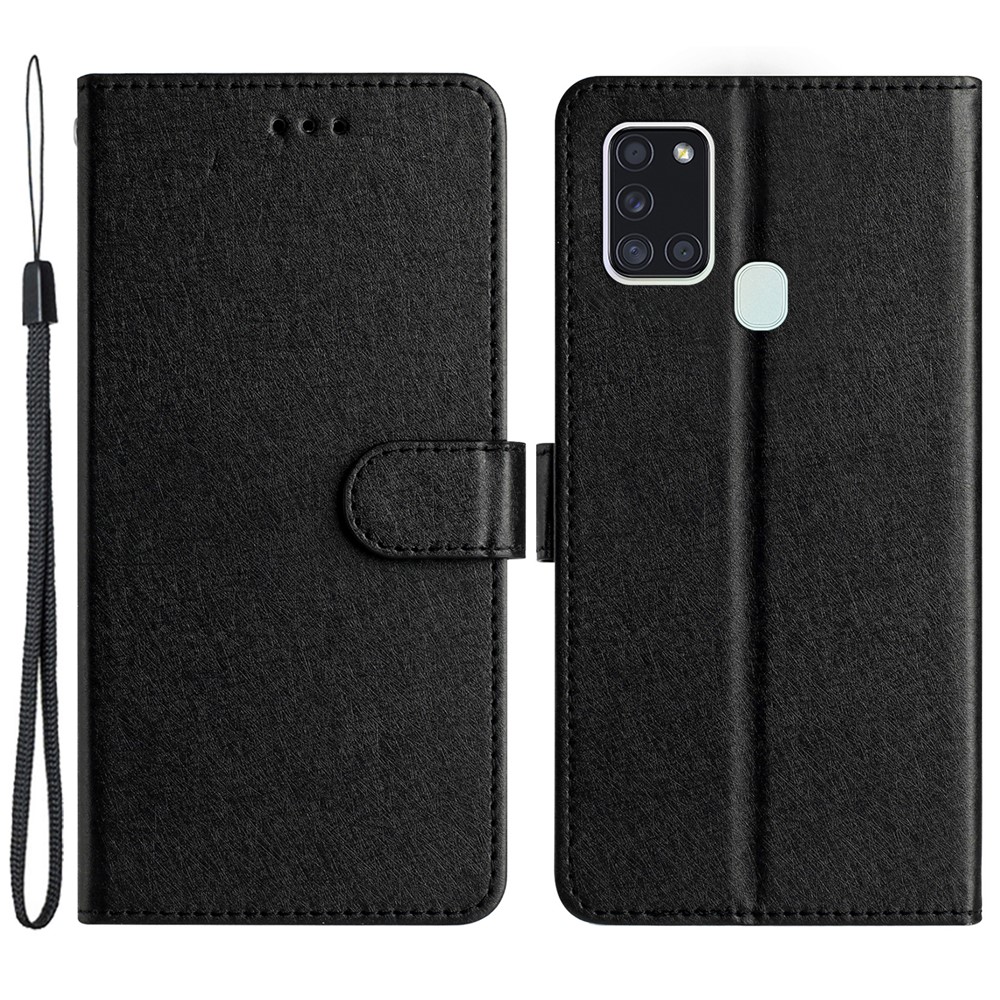 Silk Texture Case for Samsung Galaxy A21s Folio Flip Leather Wallet Stand Shell with Hand Strap - Black