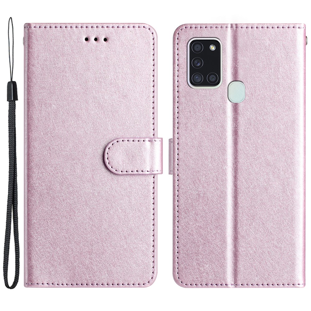 Silk Texture Case for Samsung Galaxy A21s Folio Flip Leather Wallet Stand Shell with Hand Strap - Light Purple