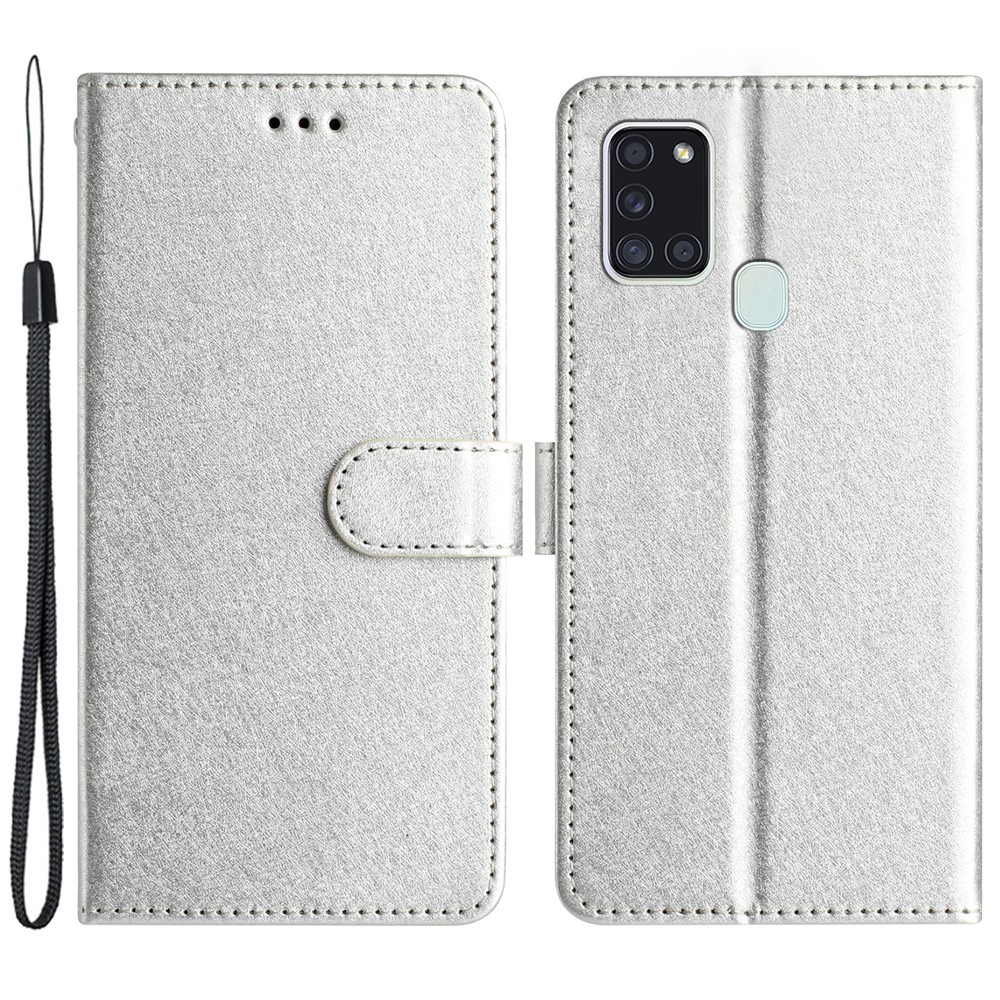 Silk Texture Case for Samsung Galaxy A21s Folio Flip Leather Wallet Stand Shell with Hand Strap - Silver