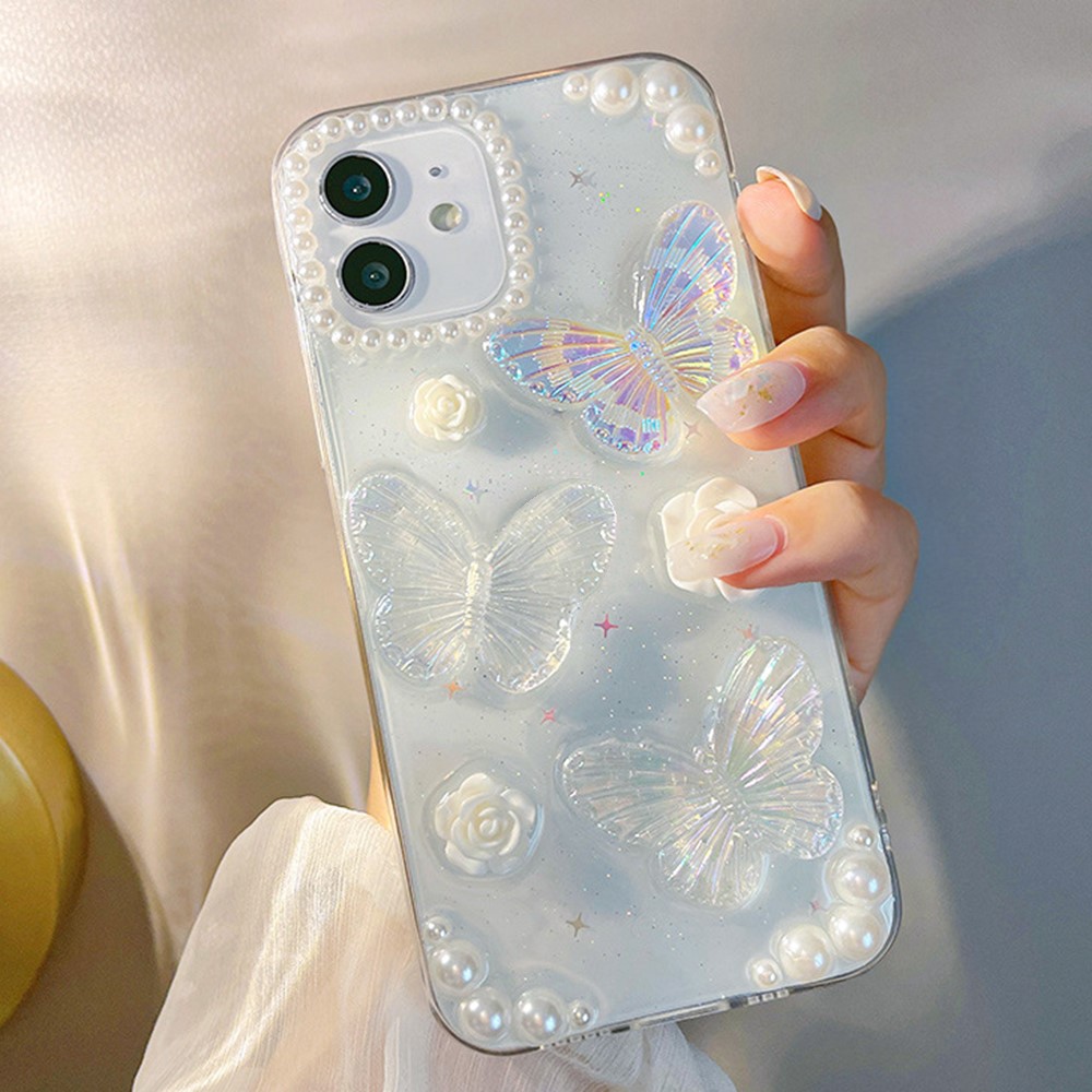 TPU Phone Case for iPhone 12 / 12 Pro , 3D Butterfly Flower Decor Transparent Phone Cover