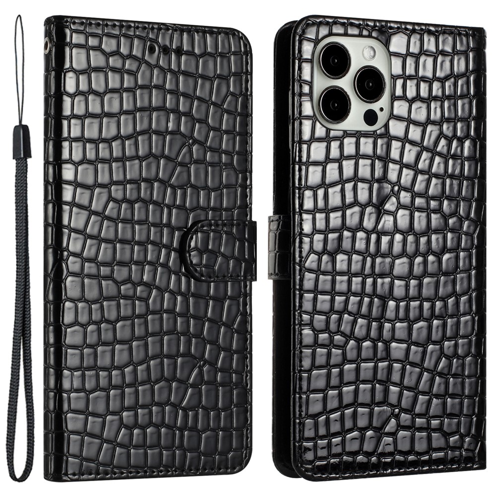 For iPhone 12 / 12 Pro 6.1 inch Crocodile Texture Drop Proof Leather Cover Stand Phone Wallet Case with Hand Strap - Black