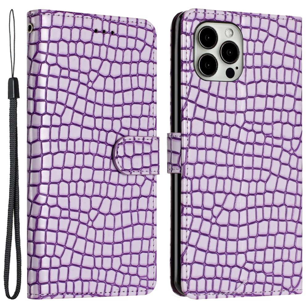 For iPhone 12 / 12 Pro 6.1 inch Crocodile Texture Drop Proof Leather Cover Stand Phone Wallet Case with Hand Strap - Purple