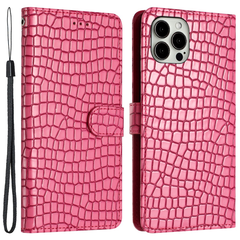 For iPhone 12 / 12 Pro 6.1 inch Crocodile Texture Drop Proof Leather Cover Stand Phone Wallet Case with Hand Strap - Rose