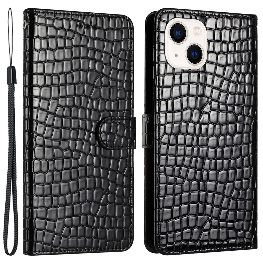 For iPhone 13 mini 5.4 inch Magnetic Clasp Crocodile Texture PU Leather Stand Phone Wallet Case with Hand Strap - Black