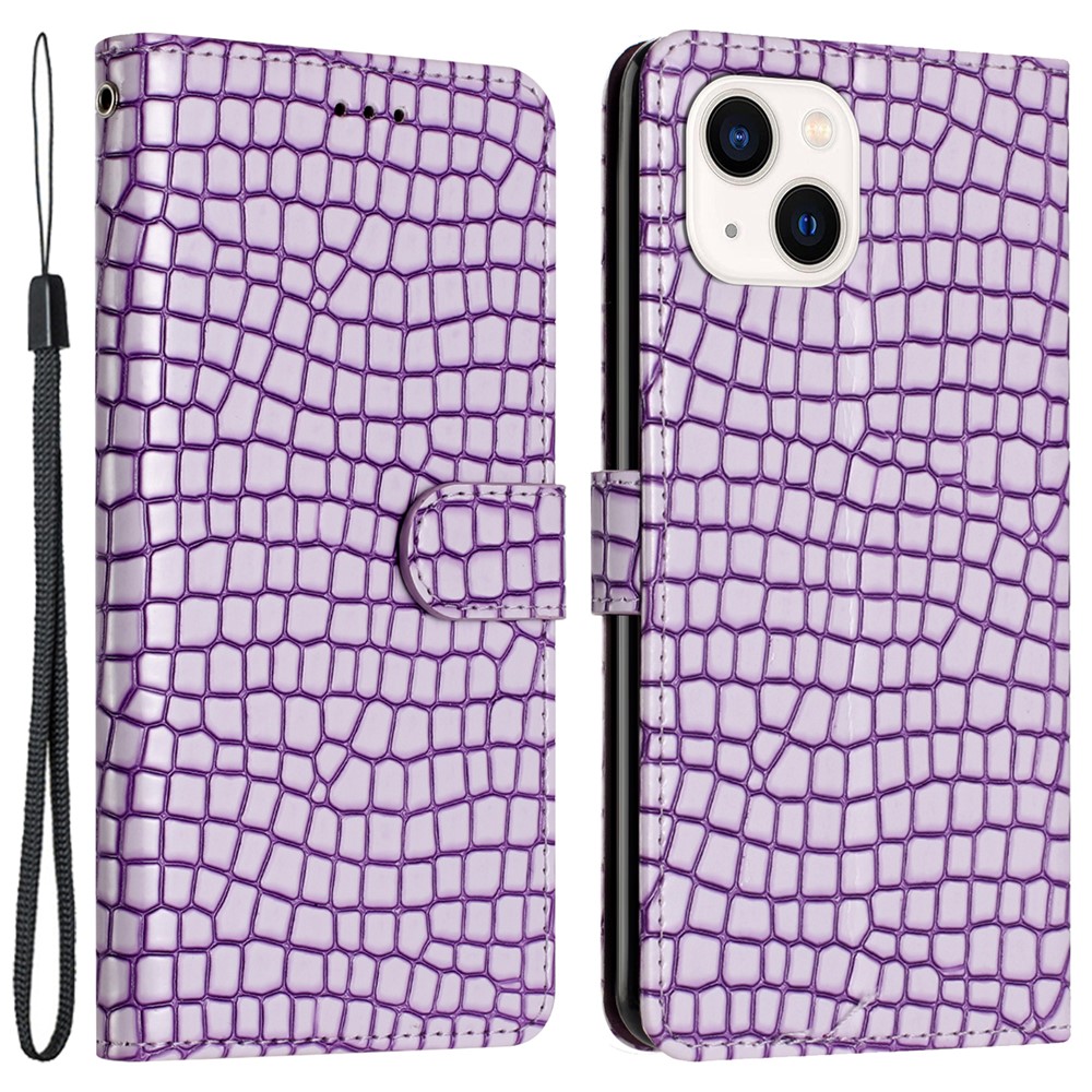 For iPhone 13 mini 5.4 inch Magnetic Clasp Crocodile Texture PU Leather Stand Phone Wallet Case with Hand Strap - Purple