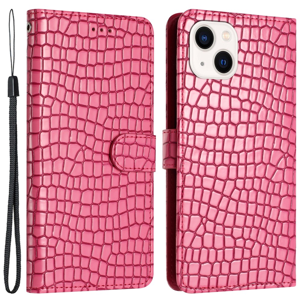For iPhone 13 mini 5.4 inch Magnetic Clasp Crocodile Texture PU Leather Stand Phone Wallet Case with Hand Strap - Rose