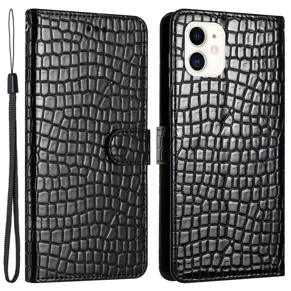 Phone Case for iPhone 12 mini 5.4 inch PU Leather Wallet Crocodile Texture Stand Flip Cover with Strap - Black