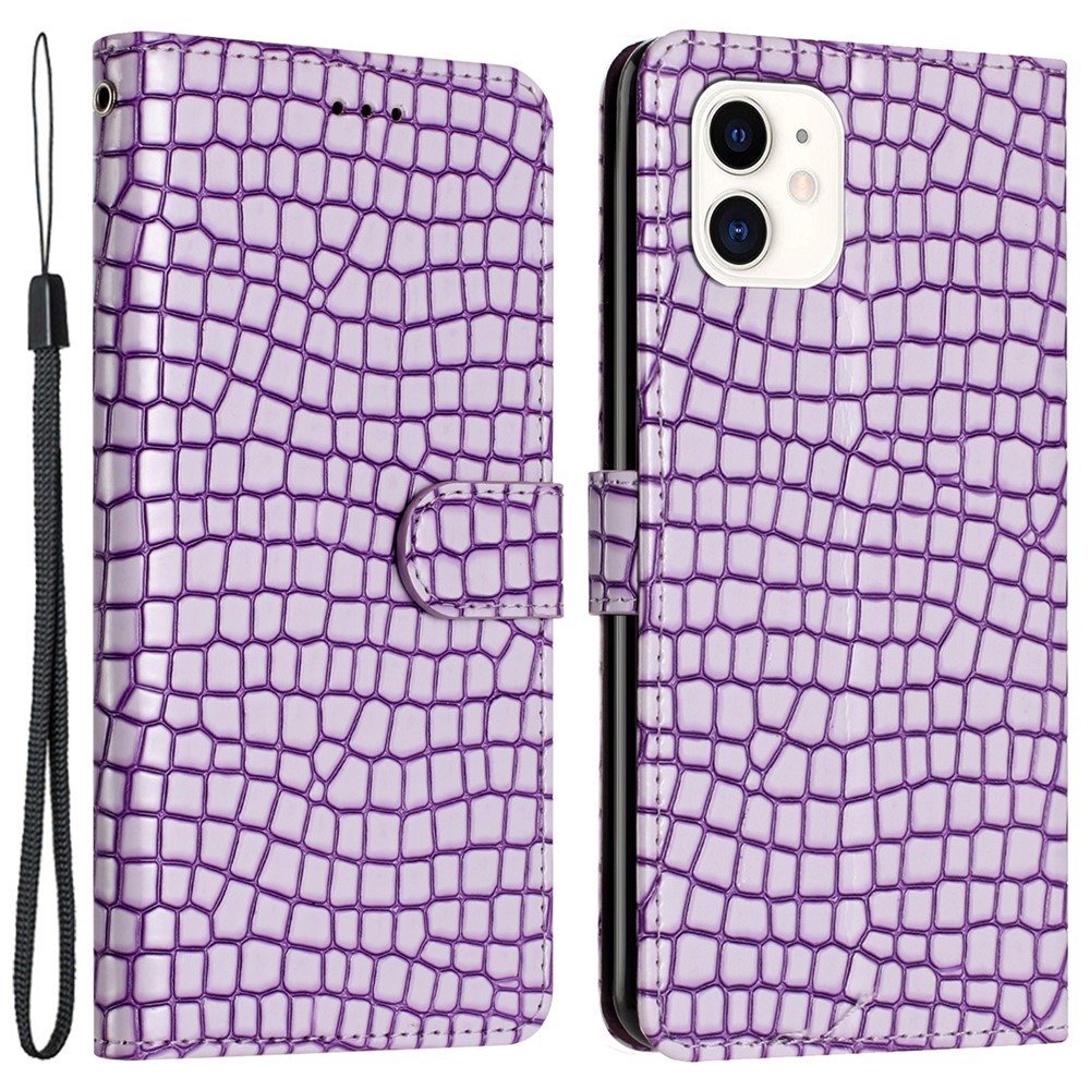 Phone Case for iPhone 12 mini 5.4 inch PU Leather Wallet Crocodile Texture Stand Flip Cover with Strap - Purple