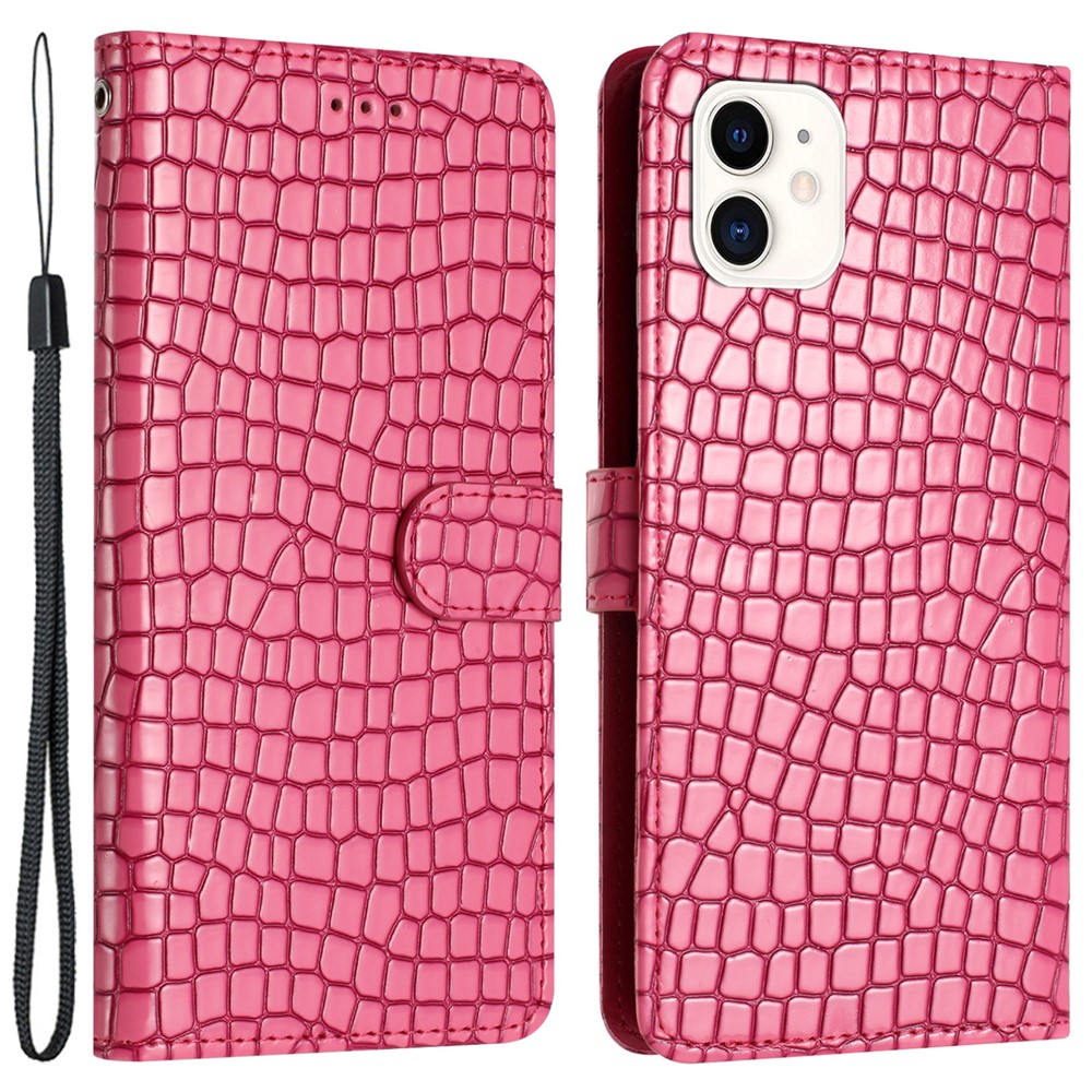 Phone Case for iPhone 12 mini 5.4 inch PU Leather Wallet Crocodile Texture Stand Flip Cover with Strap - Rose