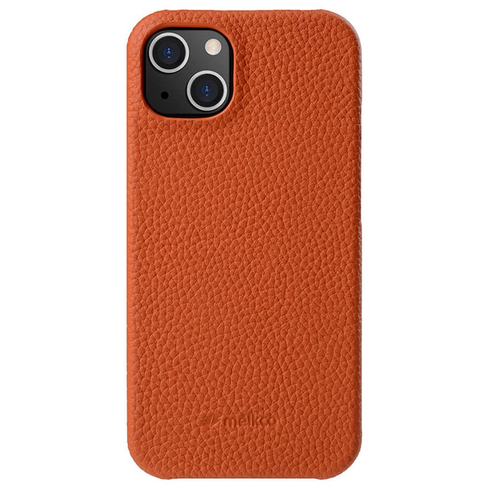 MELKCO For iPhone 13 mini 5.4 inch Protective Case Genuine Cow Leather Coated PC Phone Cover - Orange