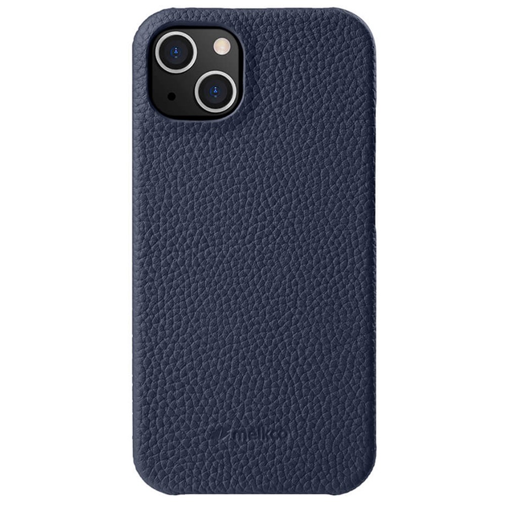 MELKCO For iPhone 13 mini 5.4 inch Protective Case Genuine Cow Leather Coated PC Phone Cover - Dark Blue