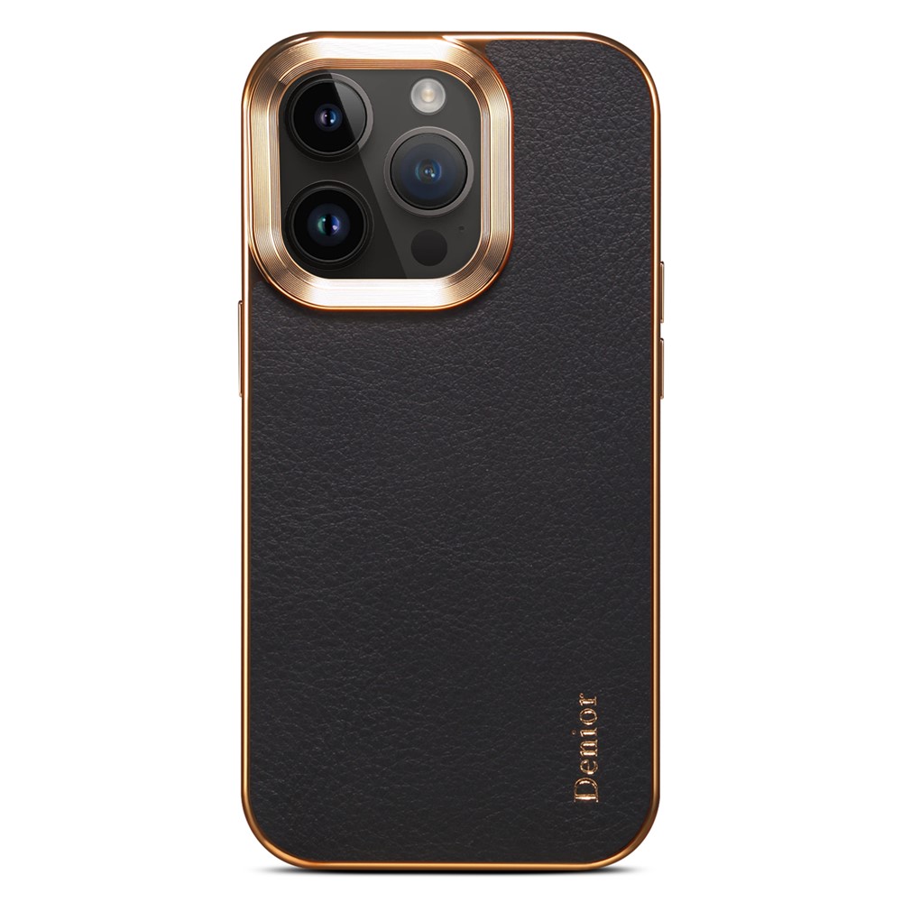 DENIOR Electroplating Phone Case for iPhone 12 / 12 Pro , Genuine Cow Leather Coated PC Non-Slip Grip Shockproof Cover - Black