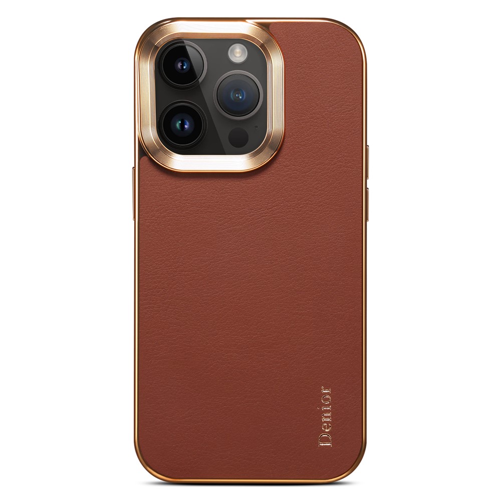 DENIOR Electroplating Phone Case for iPhone 12 / 12 Pro , Genuine Cow Leather Coated PC Non-Slip Grip Shockproof Cover - Brown