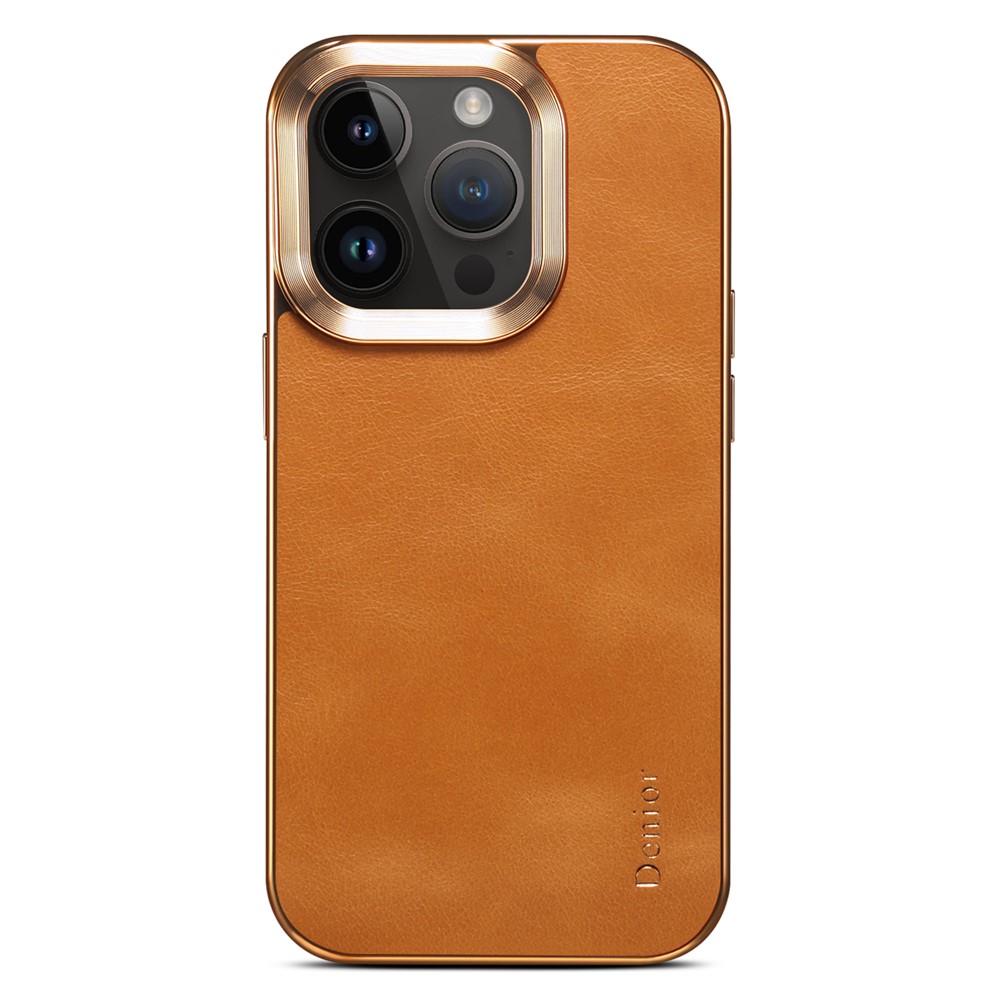 DENIOR Electroplating Phone Case for iPhone 12 / 12 Pro , Genuine Cow Leather Coated PC Non-Slip Grip Shockproof Cover - Khaki
