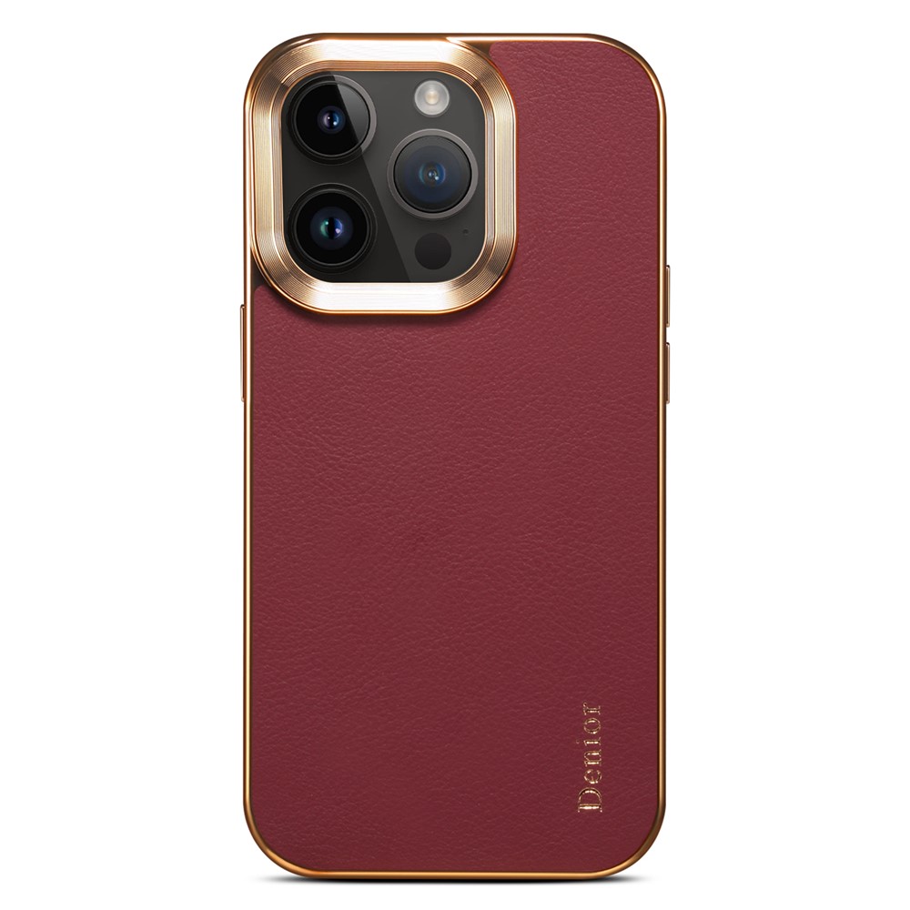 DENIOR Electroplating Phone Case for iPhone 12 / 12 Pro , Genuine Cow Leather Coated PC Non-Slip Grip Shockproof Cover - Red