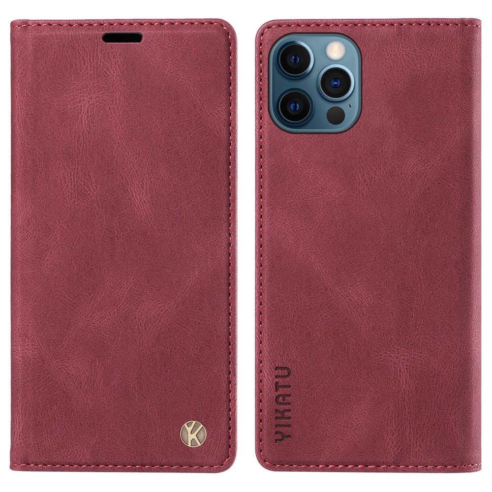 YIKATU YK-004 For iPhone 12 / 12 Pro 6.1 inch PU Leather Wallet Cover Magnetic Closing Phone Stand Case - Wine Red