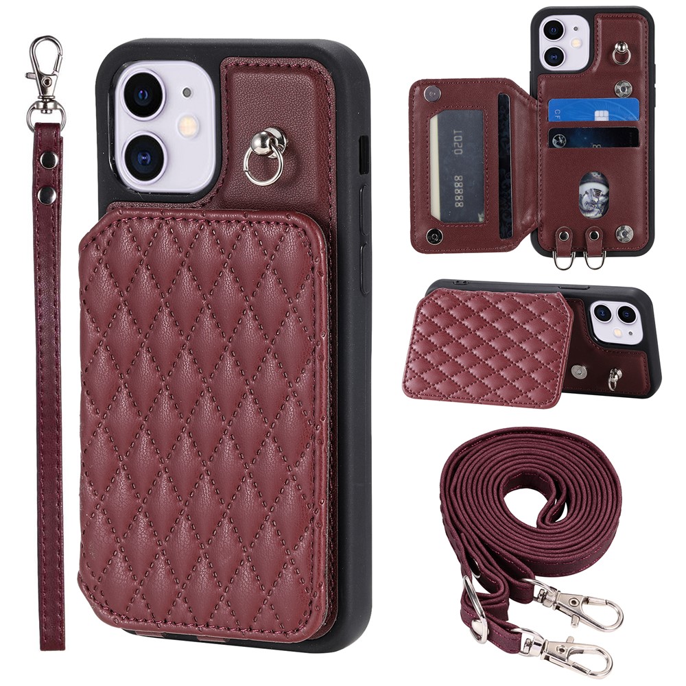 Style 008 Shockproof Case for iPhone 11 RFID Blocking Anti-Drop PU+TPU Phone Cover with Straps - Wine Red