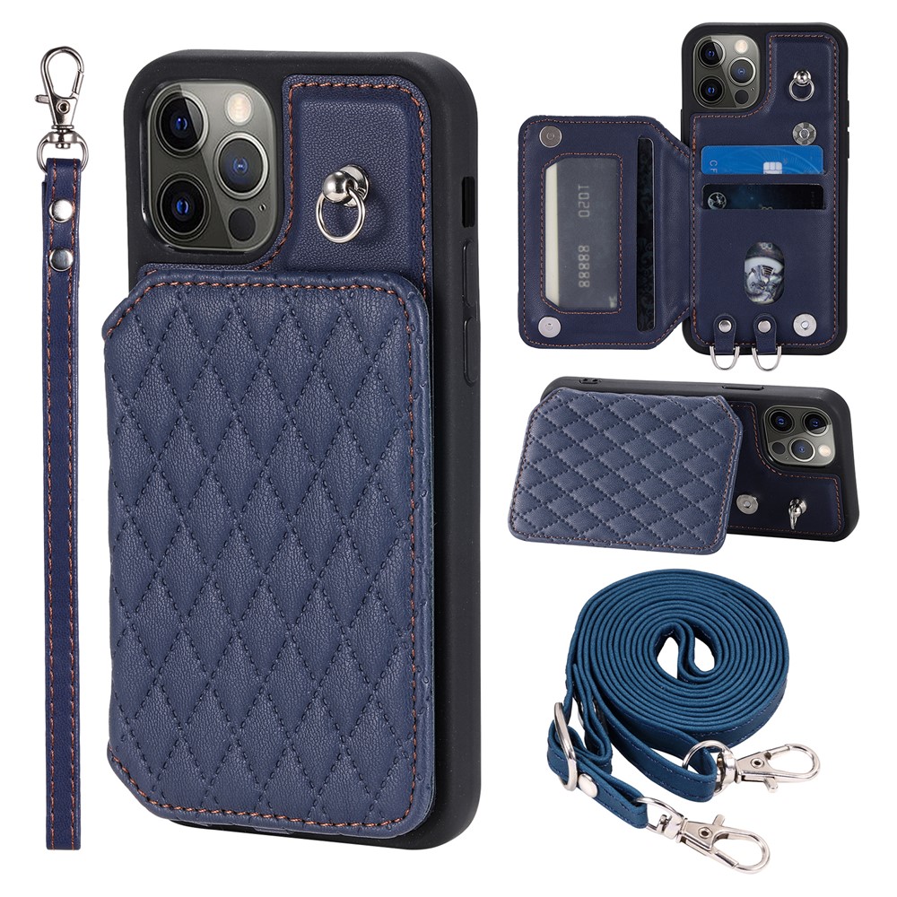Style 008 For iPhone 12 / 12 Pro 6.1 inch Shockproof Phone Case RFID Blocking PU+TPU Phone Shell with Straps - Blue