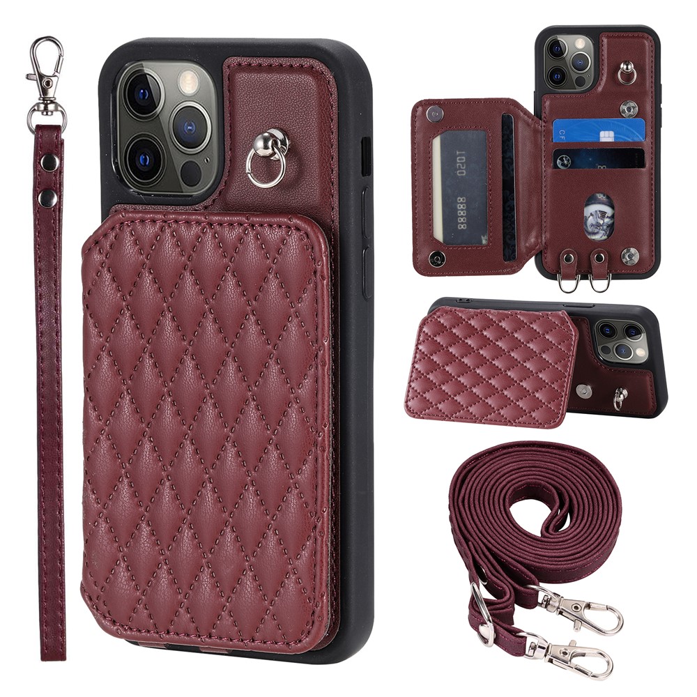 Style 008 For iPhone 12 / 12 Pro 6.1 inch Shockproof Phone Case RFID Blocking PU+TPU Phone Shell with Straps - Wine Red