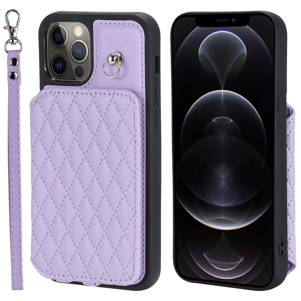 Style 008 Card Holder Cover for iPhone 12 / 12 Pro 6.1 inch , Kickstand PU Leather+TPU RFID Blocking Phone Shell with Wrist Strap - Purple