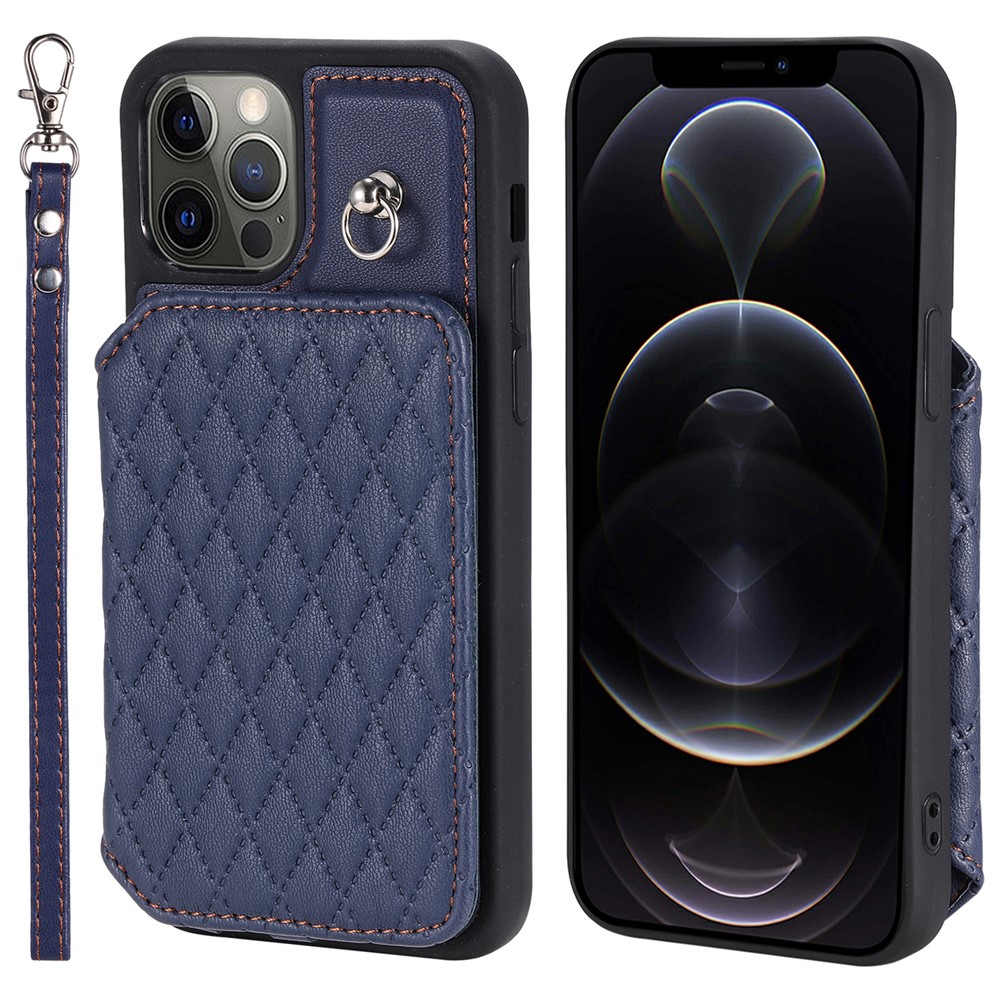 Style 008 Card Holder Cover for iPhone 12 / 12 Pro 6.1 inch , Kickstand PU Leather+TPU RFID Blocking Phone Shell with Wrist Strap - Blue