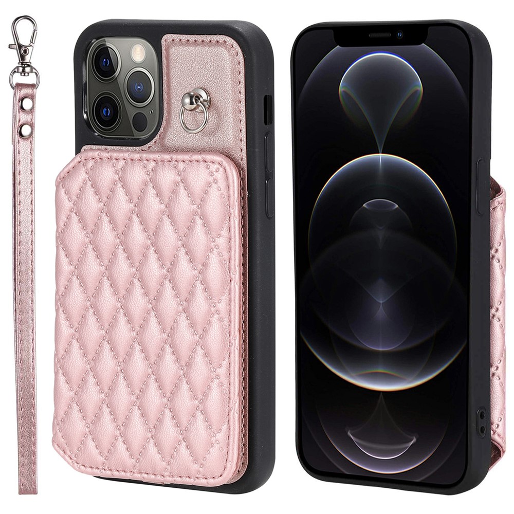 Style 008 Card Holder Cover for iPhone 12 / 12 Pro 6.1 inch , Kickstand PU Leather+TPU RFID Blocking Phone Shell with Wrist Strap - Rose Gold