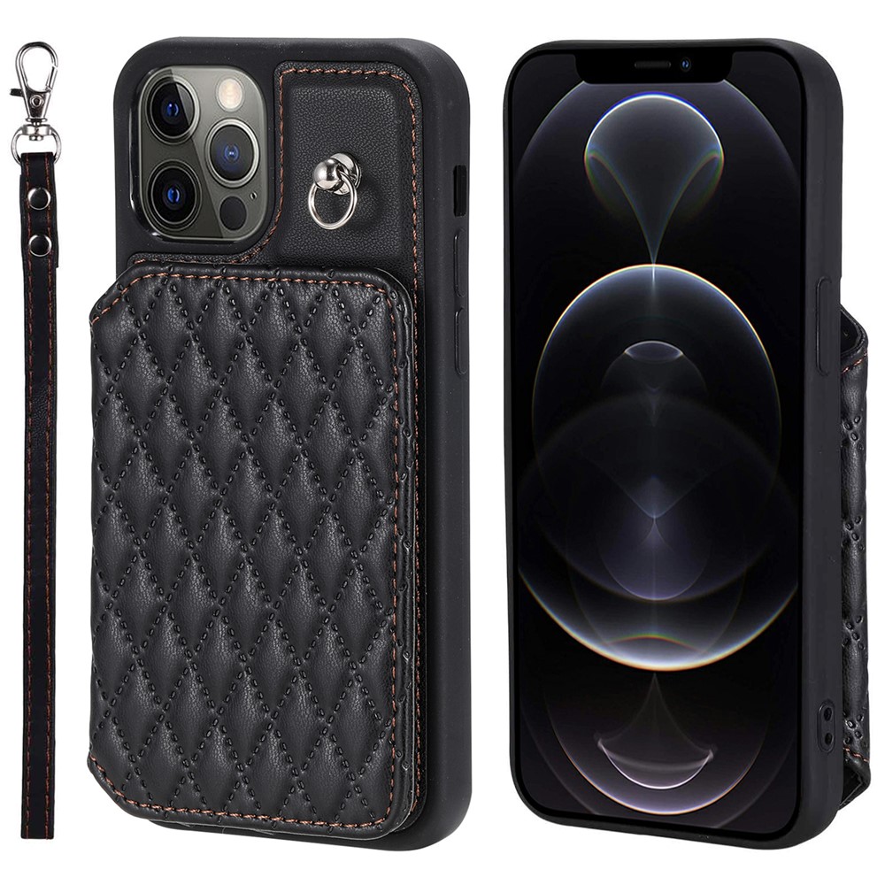 Style 008 Card Holder Cover for iPhone 12 / 12 Pro 6.1 inch , Kickstand PU Leather+TPU RFID Blocking Phone Shell with Wrist Strap - Black