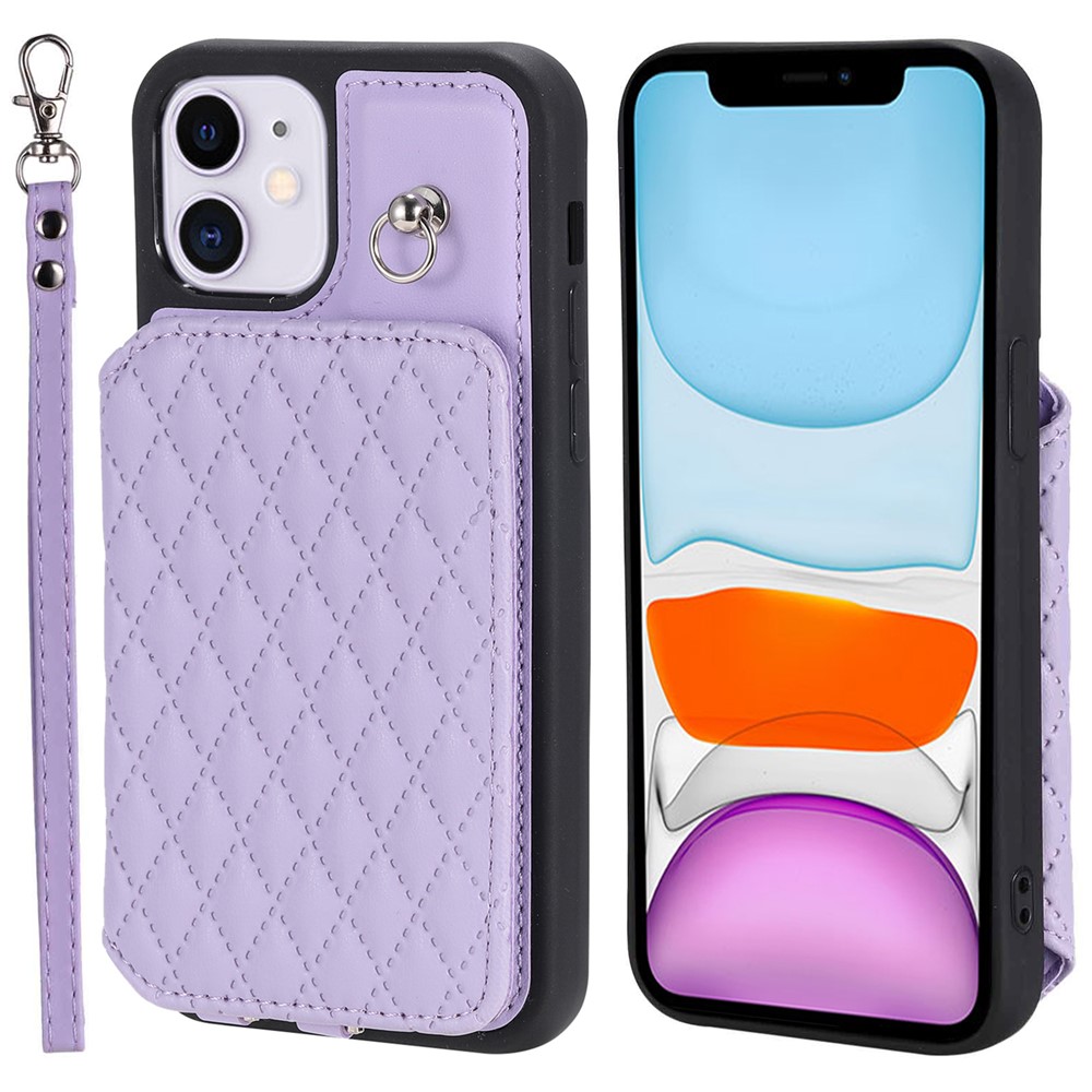 Style 008 Kickstand Phone Cover for iPhone 11 , PU Leather+TPU RFID Blocking Anti-drop Shell with Wrist Strap - Purple