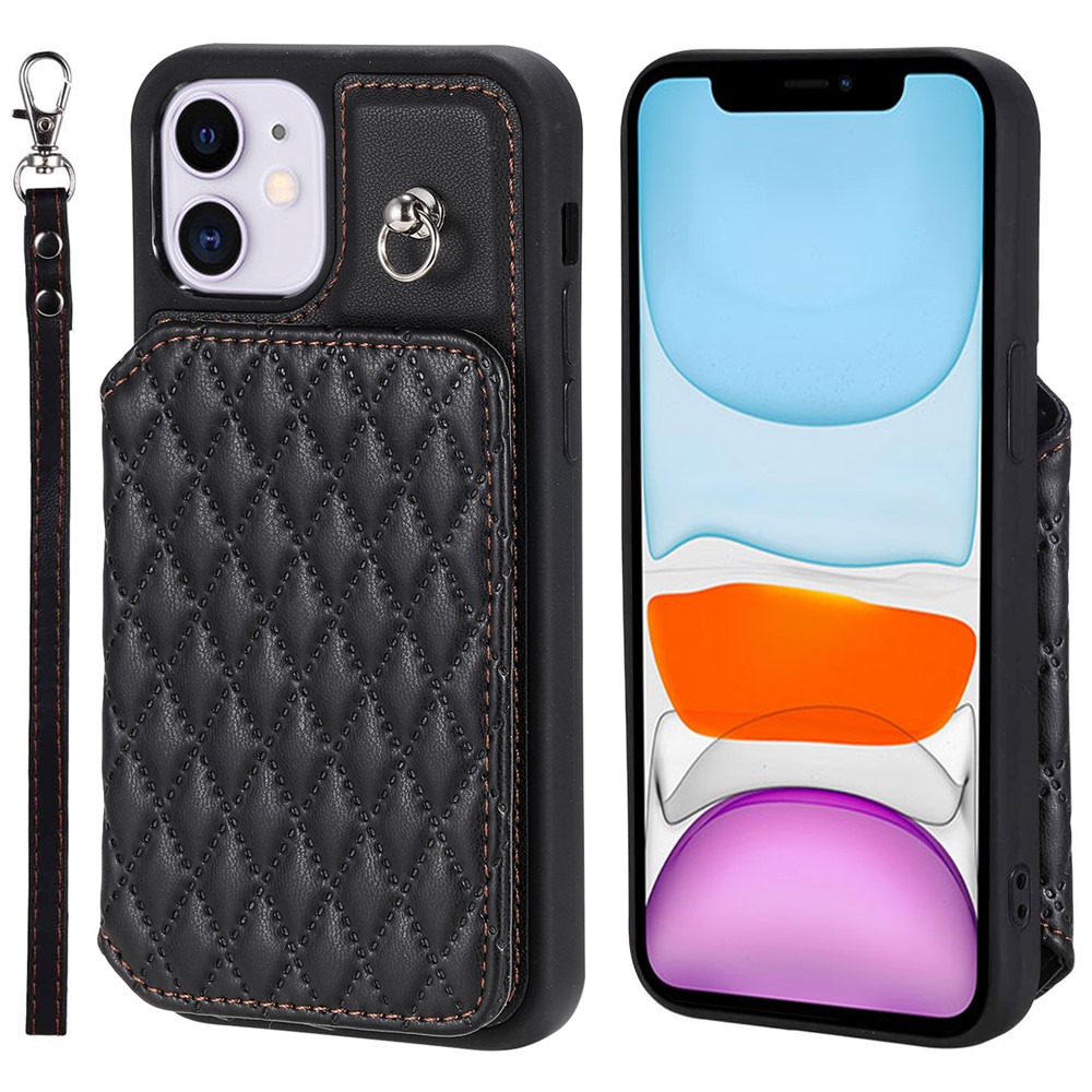 Style 008 Kickstand Phone Cover for iPhone 11 , PU Leather+TPU RFID Blocking Anti-drop Shell with Wrist Strap - Black