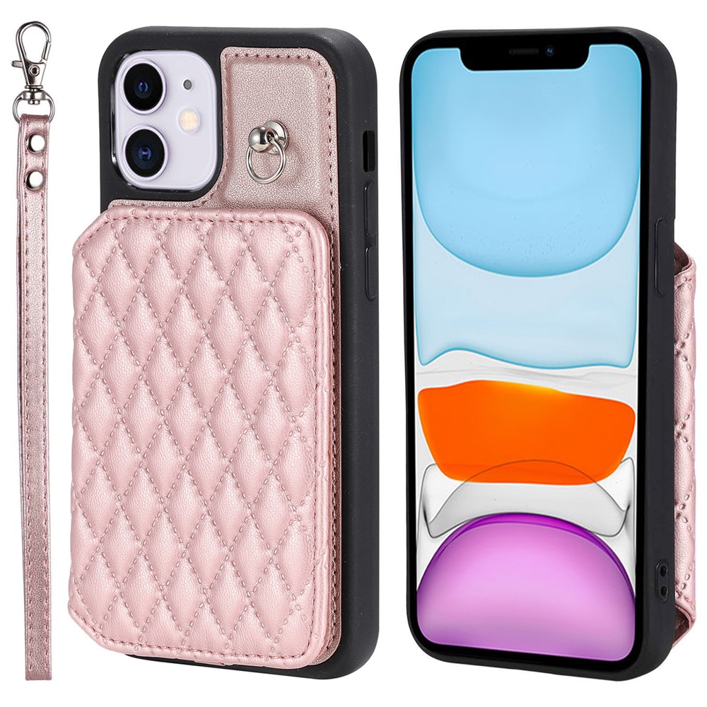 Style 008 Kickstand Phone Cover for iPhone 11 , PU Leather+TPU RFID Blocking Anti-drop Shell with Wrist Strap - Rose Gold