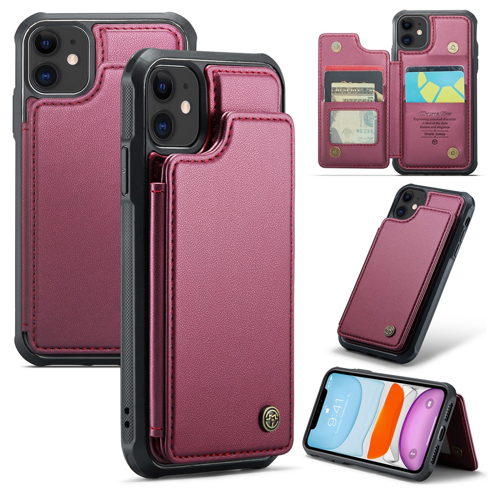 For iPhone 11 Phone Case CASEME C22 Leather Back Cover with RFID Blocking Card Slots - Wine Red
