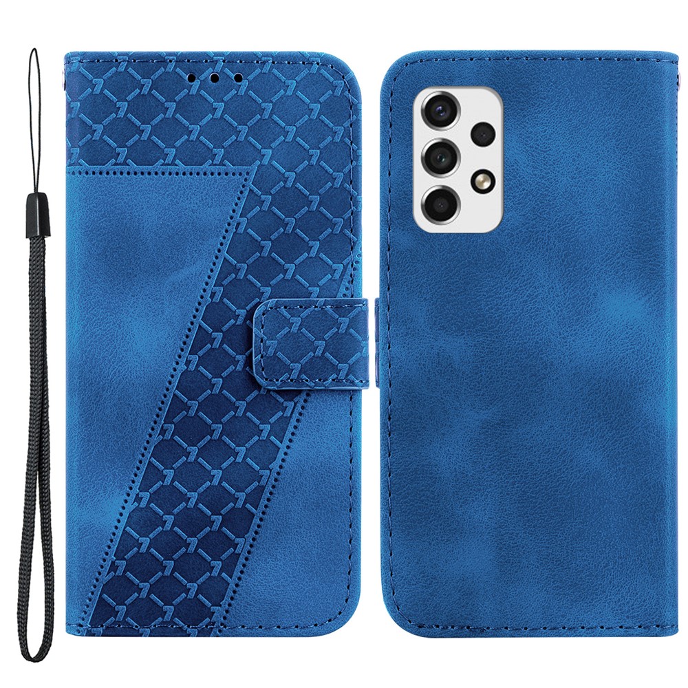 7-Shape Imprinted Phone Cover for Samsung Galaxy A73 5G Drop-proof Leather Wallet Stand Case - Dark Blue