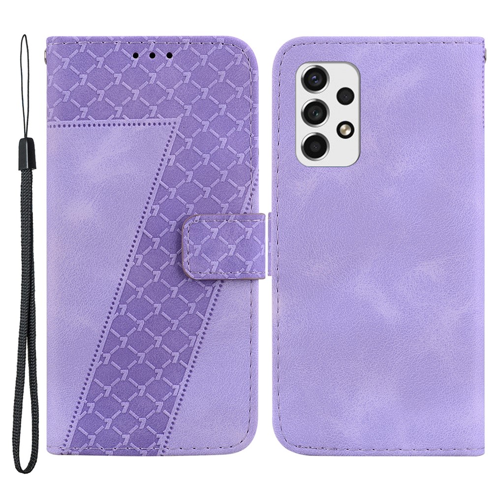 7-Shape Imprinted Phone Cover for Samsung Galaxy A73 5G Drop-proof Leather Wallet Stand Case - Purple