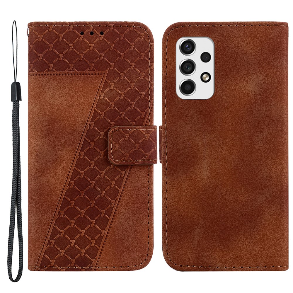 7-Shape Imprinted Phone Cover for Samsung Galaxy A73 5G Drop-proof Leather Wallet Stand Case - Brown