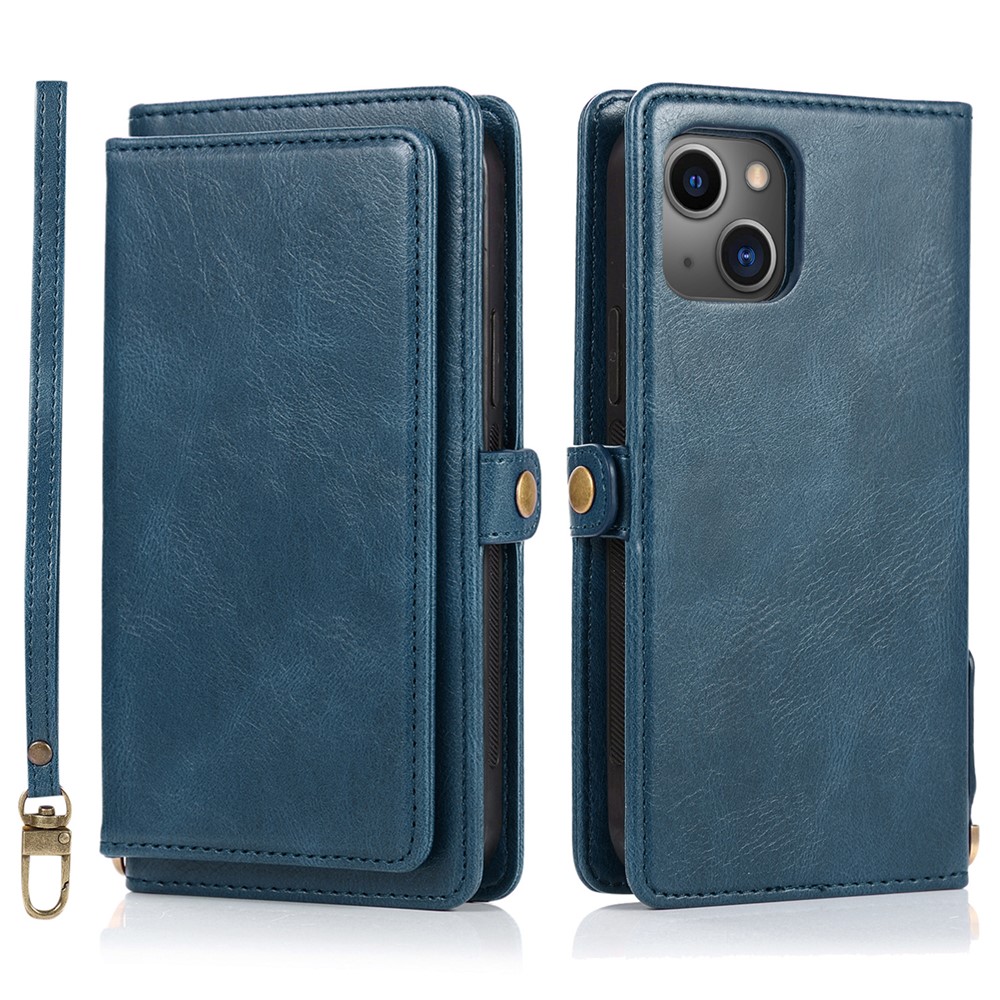 Wallet Phone Case for iPhone 13 mini 5.4 inch Detachable 2-in-1 TPU+PU Leather Flip Cover with Strap - Blue