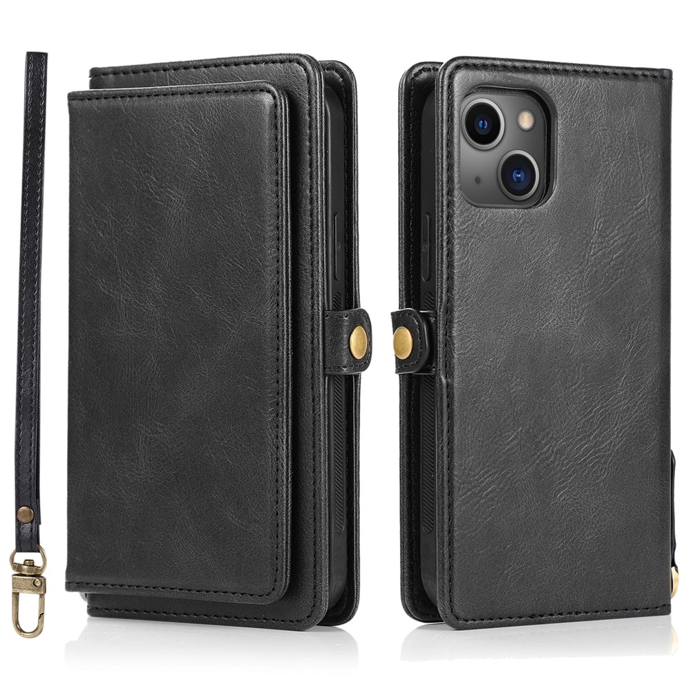 Wallet Phone Case for iPhone 13 mini 5.4 inch Detachable 2-in-1 TPU+PU Leather Flip Cover with Strap - Black