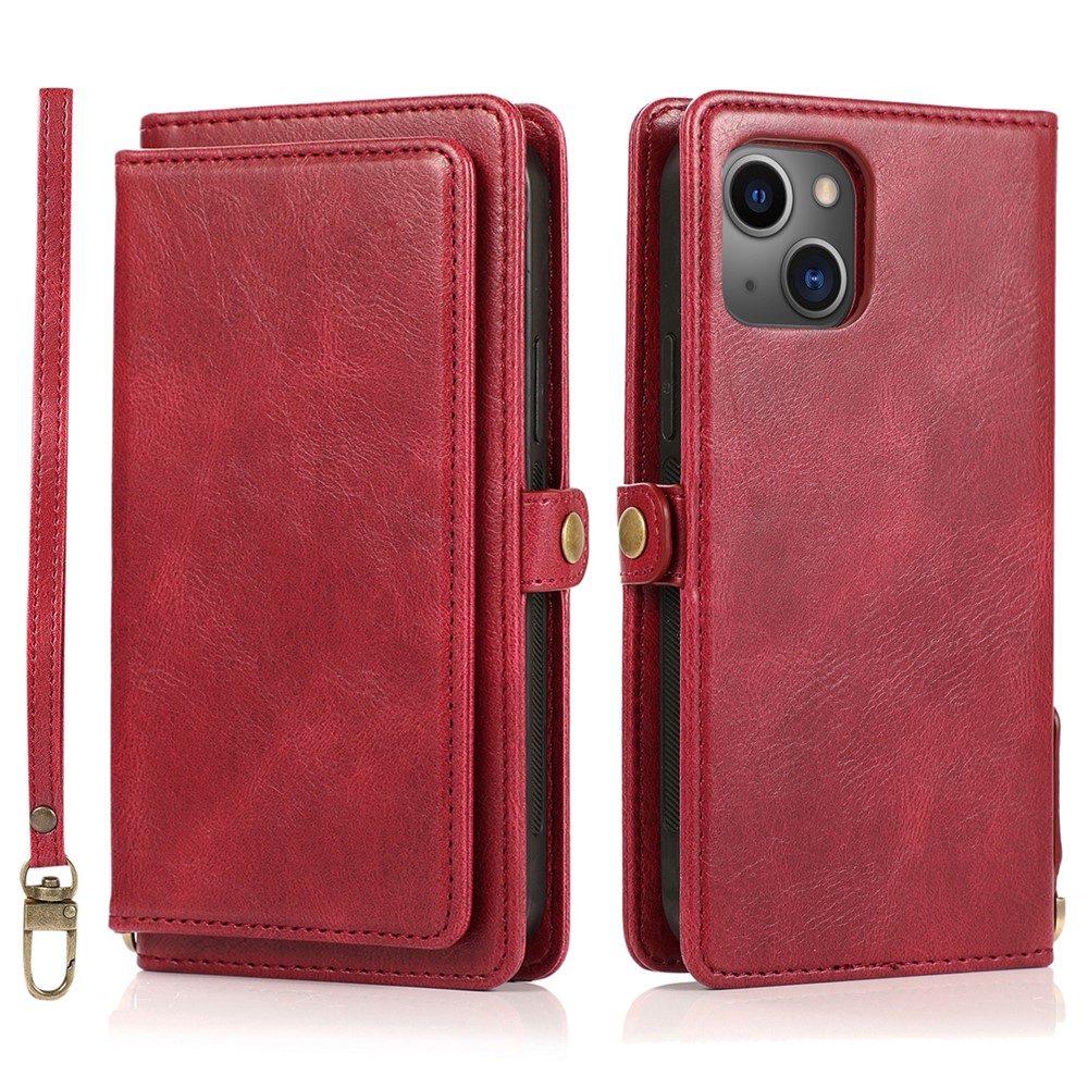Wallet Phone Case for iPhone 13 mini 5.4 inch Detachable 2-in-1 TPU+PU Leather Flip Cover with Strap - Red