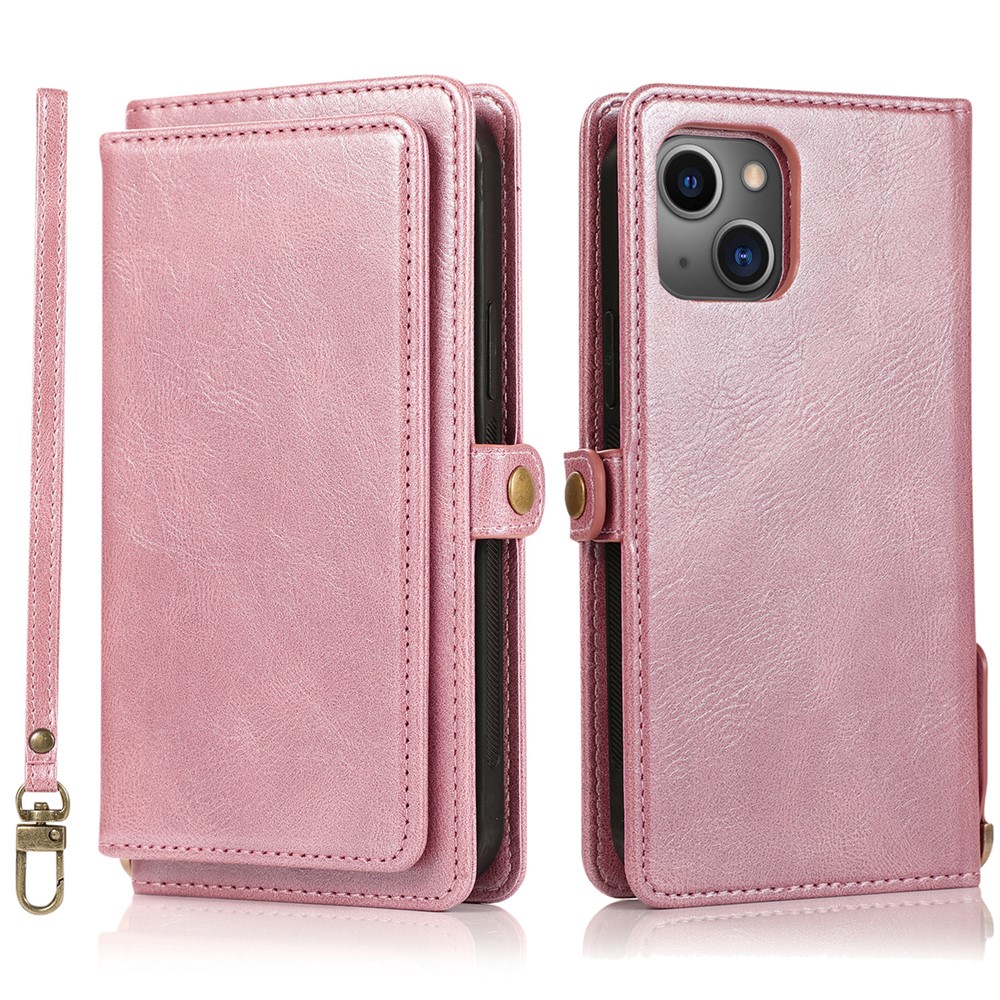 Wallet Phone Case for iPhone 13 mini 5.4 inch Detachable 2-in-1 TPU+PU Leather Flip Cover with Strap - Rose Gold