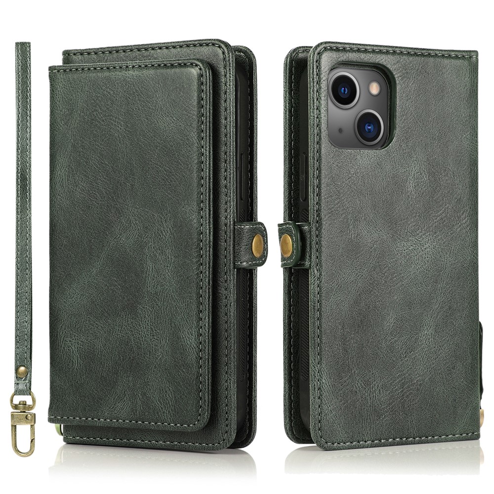 Wallet Phone Case for iPhone 13 mini 5.4 inch Detachable 2-in-1 TPU+PU Leather Flip Cover with Strap - Green