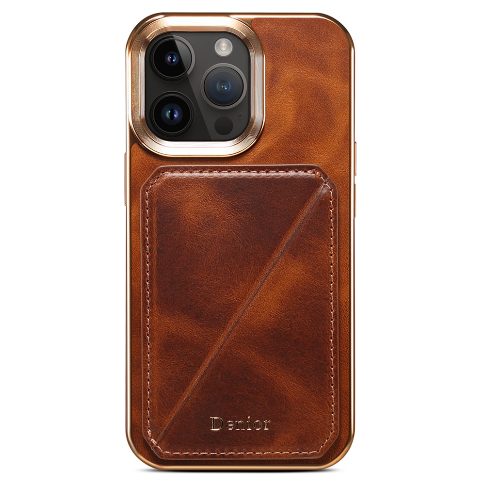 DENIOR For iPhone 12 / 12 Pro Kickstand Electroplating Case Card Holder Waxy Genuine Cow Leather Coated TPU+PC Cover - Brown