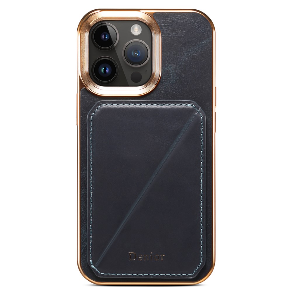 DENIOR For iPhone 12 / 12 Pro Kickstand Electroplating Case Card Holder Waxy Genuine Cow Leather Coated TPU+PC Cover - Blue