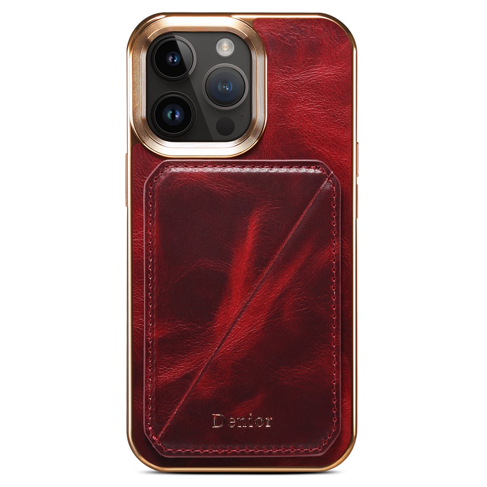 DENIOR For iPhone 12 / 12 Pro Kickstand Electroplating Case Card Holder Waxy Genuine Cow Leather Coated TPU+PC Cover - Red