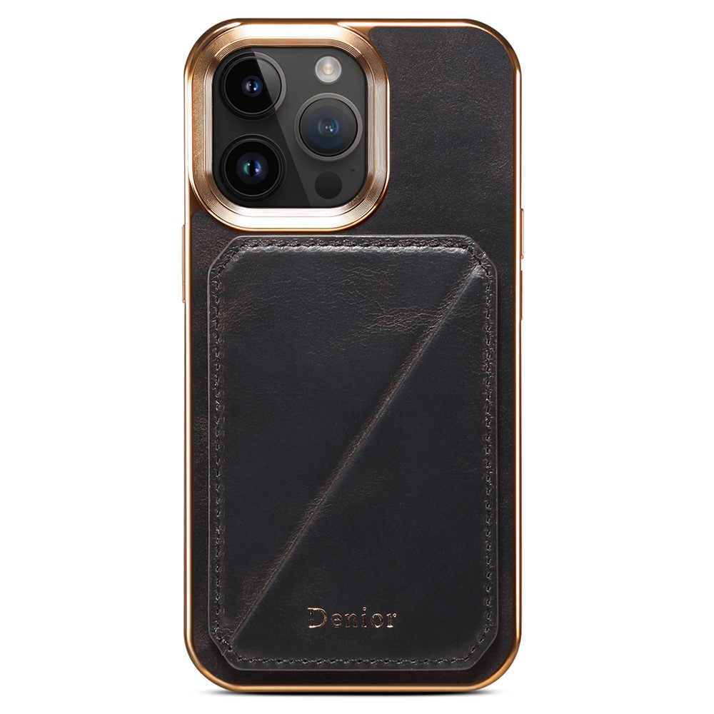 DENIOR For iPhone 12 / 12 Pro Kickstand Electroplating Case Card Holder Waxy Genuine Cow Leather Coated TPU+PC Cover - Black