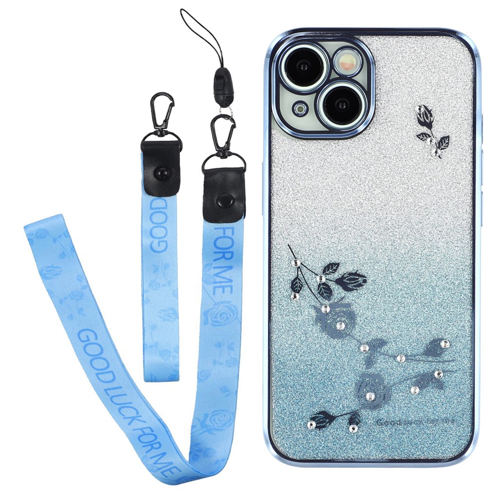 KADEM For iPhone 13 mini 5.4 inch Drop Proof TPU Phone Cover Flower Design Glitter Rhinestone Decor Phone Case with Strap - Blue