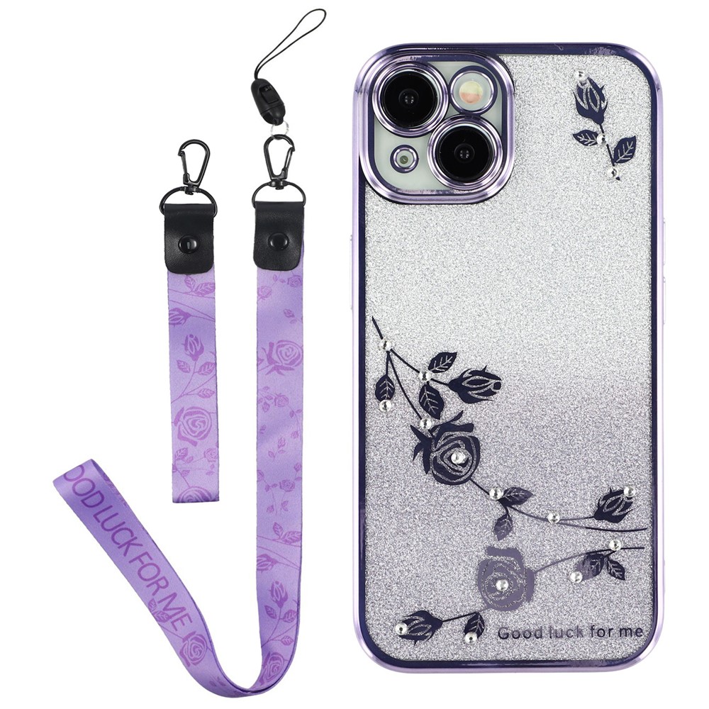 KADEM For iPhone 13 mini 5.4 inch Drop Proof TPU Phone Cover Flower Design Glitter Rhinestone Decor Phone Case with Strap - Purple